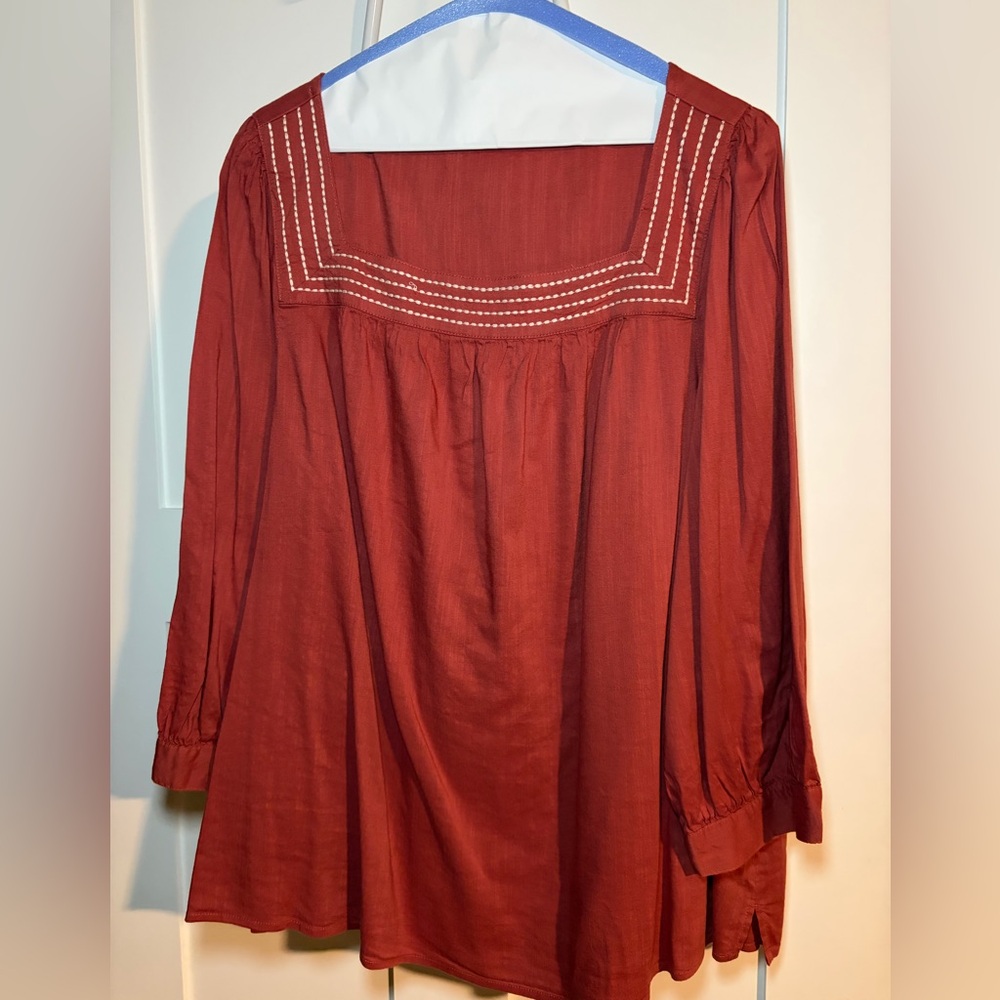 Old Navy Rust Red Square Neck Contrast Stitch Long Sleeve Blouse XL Boho Top